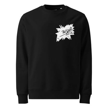 Front view of the SALA 5 | The Old School Echo eco heavyweight crewneck sweatshirt by PapiJohn®. Featuring the classic signature inside an Art-Pop pointed cloud with rebel black paint splatters by $arah Free 💎. High-end streetwear and luxury streetwear de autor ideado en Cadifornia.