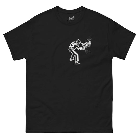 Front view of the SALA 5 | The Outline Writer | Graffiti Origin Canvas Tee in black by PapiJohn®. Featuring raw white spray paint graffiti writer artwork outlining the signature logo on heavy black canvas by $arah Free 💎. High-end old-school streetwear de autor curated in Cadifornia.