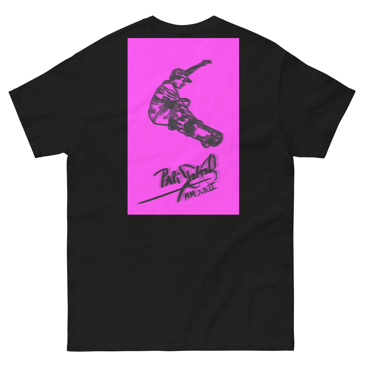 Back view showing the structured black canvas t-shirt silhouette and clean architectural drape of the SALA 5 | The Pink Neon Box Skate Canvas by PapiJohn®. Gallery archive piece, honest luxury apparel, and wearable art curated in Cadifornia by $arah Free 💎.