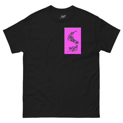 Front view of the SALA 5 | The Pink Neon Box | Skate Signature Canvas Tee in black by PapiJohn®. Featuring a pilot-sketch skate graphic framed in vibrant neon pink on heavy black canvas by $arah Free 💎. High-end luxury streetwear de autor curated in Cadifornia.