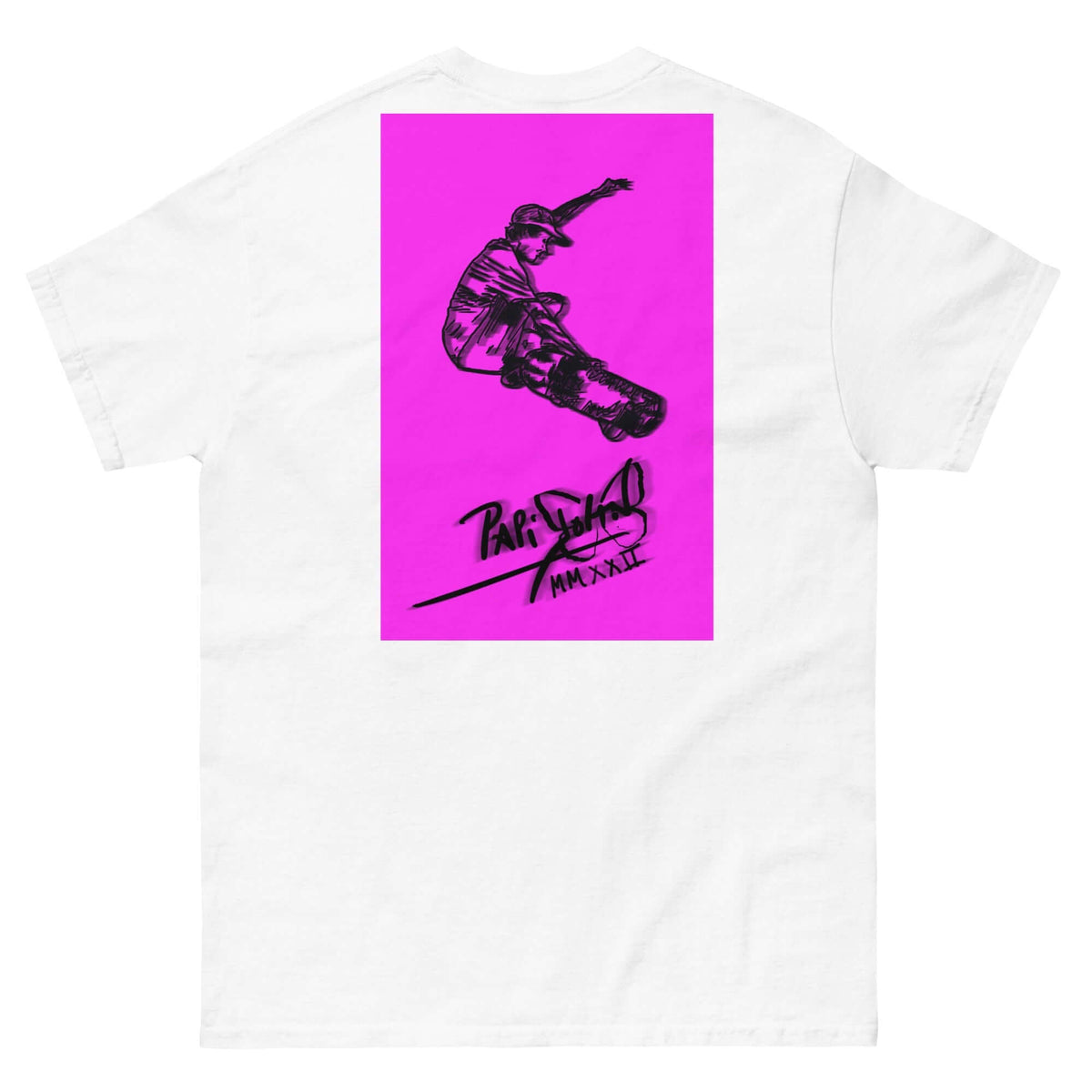 Back view showing the structured white canvas t-shirt silhouette and clean architectural drape of the SALA 5 | The Pink Neon Box Skate Canvas by PapiJohn®. Gallery archive piece, honest luxury apparel, and wearable art curated in Cadifornia by $arah Free 💎.