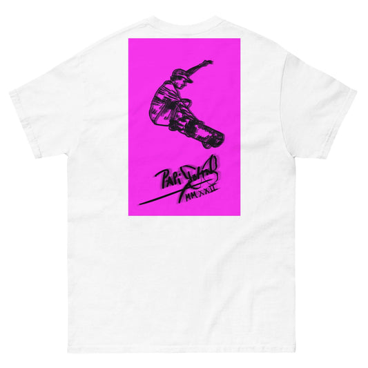 Back view showing the structured white canvas t-shirt silhouette and clean architectural drape of the SALA 5 | The Pink Neon Box Skate Canvas by PapiJohn®. Gallery archive piece, honest luxury apparel, and wearable art curated in Cadifornia by $arah Free 💎.