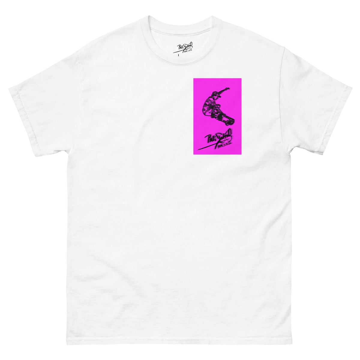 Front view of the SALA 5 | The Pink Neon Box | Skate Signature Canvas Tee in white by PapiJohn®. Featuring a pilot-sketch skate graphic framed in vibrant neon pink on heavy white canvas by $arah Free 💎. High-end luxury streetwear de autor curated in Cadifornia.