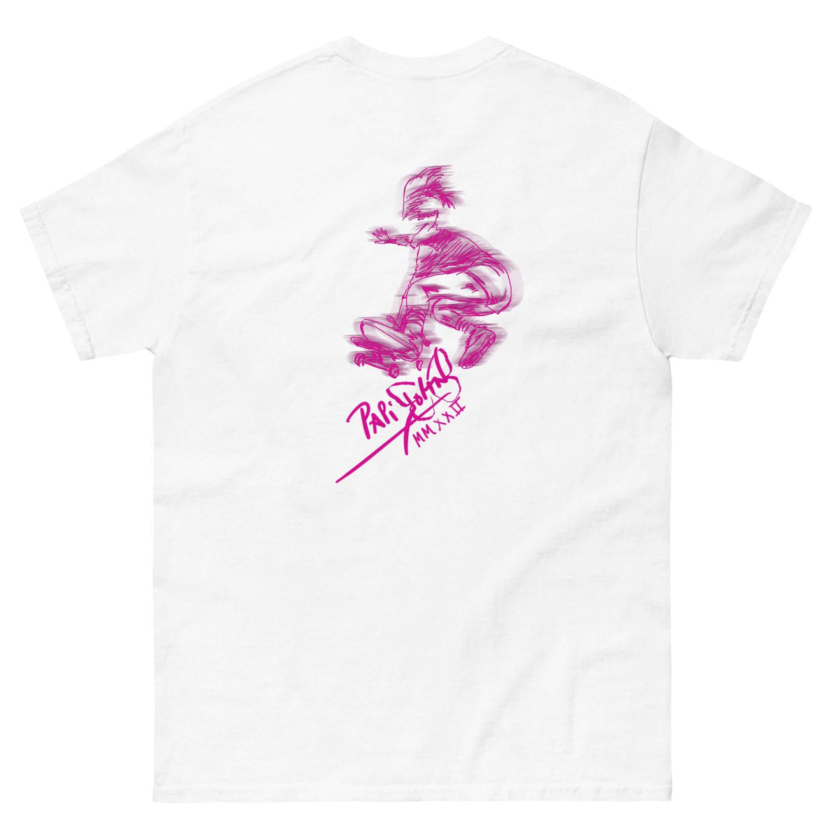 Back view showing the high-density cotton t-shirt silhouette and architectural drape of the SALA 5 | The Pink Rail | Minimalist Skate Canvas Tee in white by PapiJohn®. Gallery archive piece, honest luxury apparel, and wearable art curated in Cadifornia by $arah Free 💎.