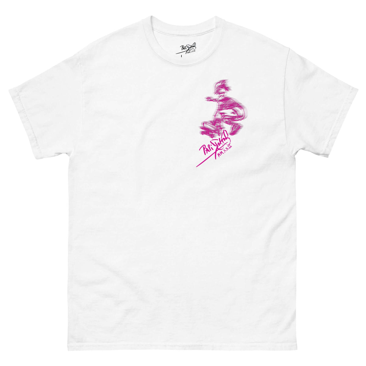 Front view of the SALA 5 | The Pink Rail | Minimalist Skate Canvas Tee in white by PapiJohn®. Featuring magnetic pink skate grind artwork over an extended horizontal signature rail on heavy white cotton canvas by $arah Free 💎. High-end luxury streetwear de autor curated in Cadifornia.