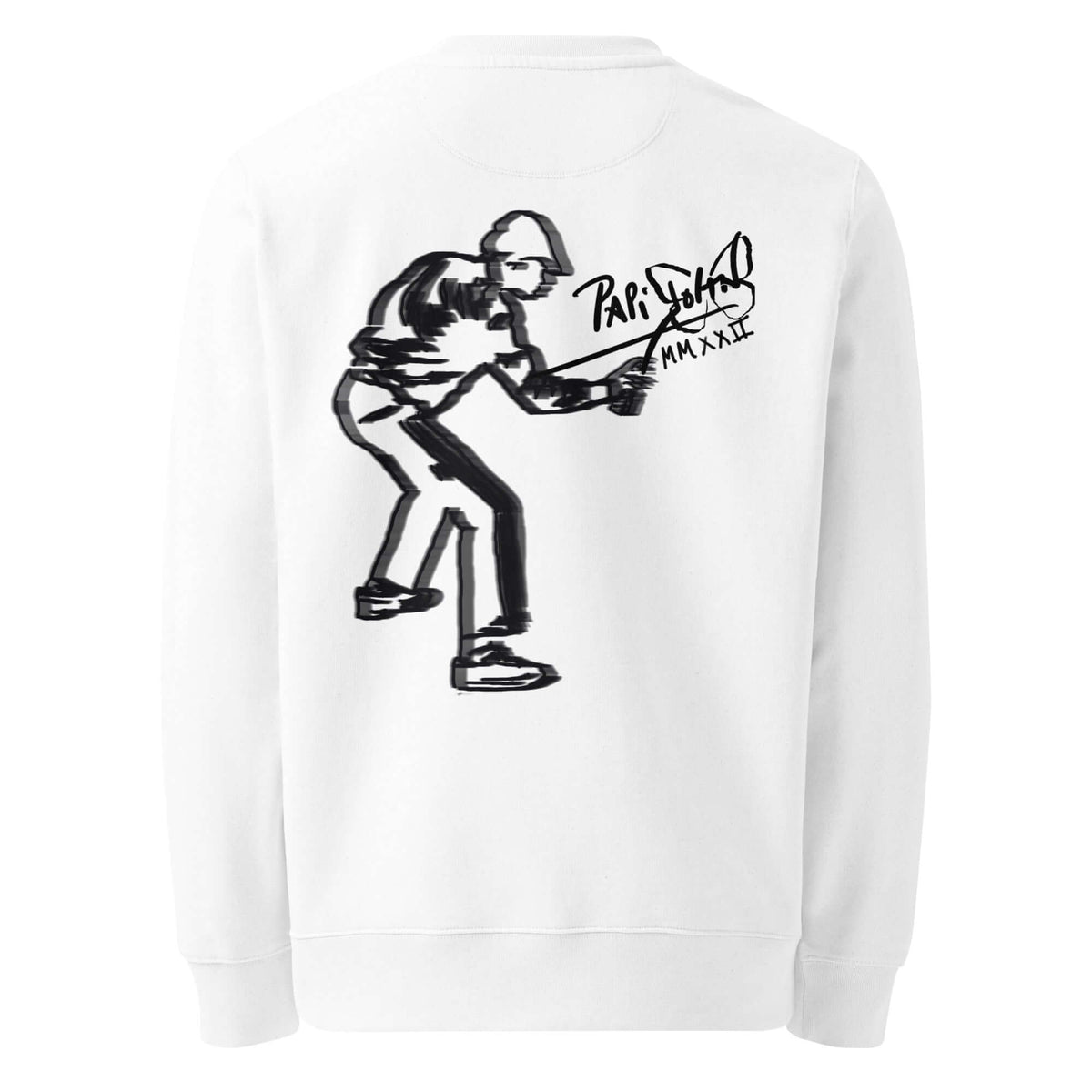 Back view showing the drape and silhouette of the SALA 5 | The Pure Graff eco signature white crew canvas by PapiJohn®. Heavyweight organic cotton canvas, gallery archive piece, and honest luxury streetwear curated in Cadifornia by $arah Free 💎.