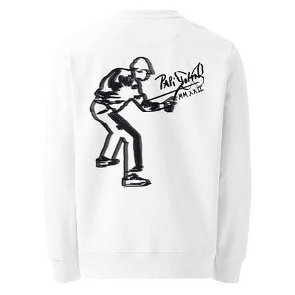 Back view showing the drape and silhouette of the SALA 5 | The Pure Graff eco signature white crew canvas by PapiJohn®. Heavyweight organic cotton canvas, gallery archive piece, and honest luxury streetwear curated in Cadifornia by $arah Free 💎.