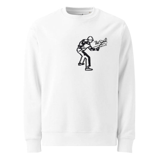 Front view of the SALA 5 | The Pure Graff eco signature white crew canvas by PapiJohn®. Featuring the bold black ink NY writer style graffiti signature by $arah Free 💎. High-end streetwear and luxury streetwear de autor curated in Cadifornia.