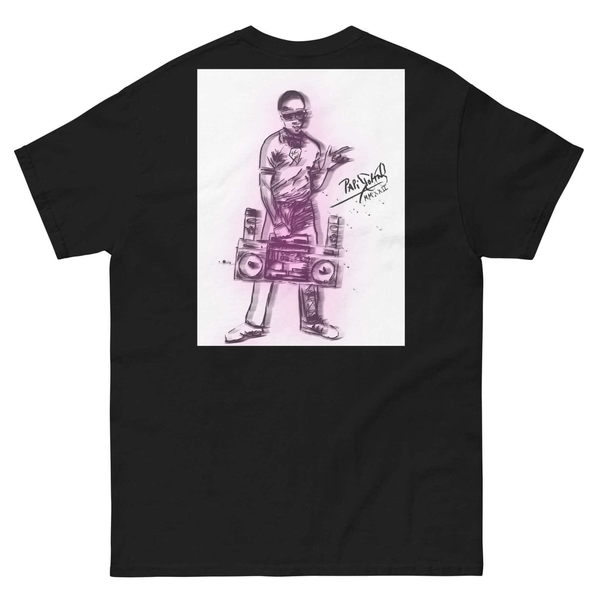 Back view showing the structured black canvas t-shirt silhouette and clean architectural drape of the SALA 5 | The Purple Origin Chrome Box Canvas by PapiJohn®. Gallery archive piece, honest luxury apparel, and conceptual wearable art curated in Cadifornia by $arah Free 💎.
