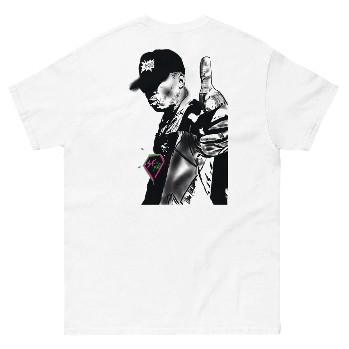 Back view of the THE RAPPER BACK-SHOT | Classic Identity Canvas White Tee by PapiJohn®. Featuring a large, high-impact illustrative artwork of an old school rapper by $arah Free 💎, taking over the space. The rapper wears a bucket hat and chain. 'Honest Luxury' wearable art. Gestado in Cadifornia. For the Real Ones.