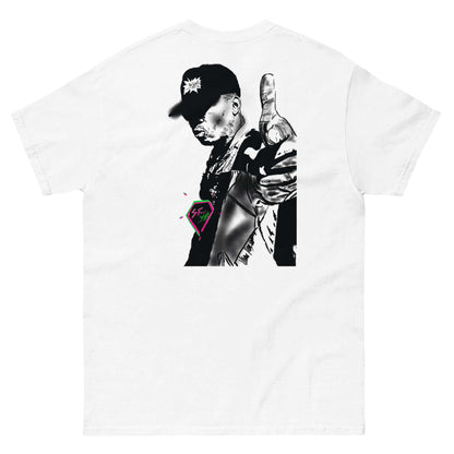Back view of the THE RAPPER BACK-SHOT | Classic Identity Canvas White Tee by PapiJohn®. Featuring a large, high-impact illustrative artwork of an old school rapper by $arah Free 💎, taking over the space. The rapper wears a bucket hat and chain. 'Honest Luxury' wearable art. Gestado in Cadifornia. For the Real Ones.