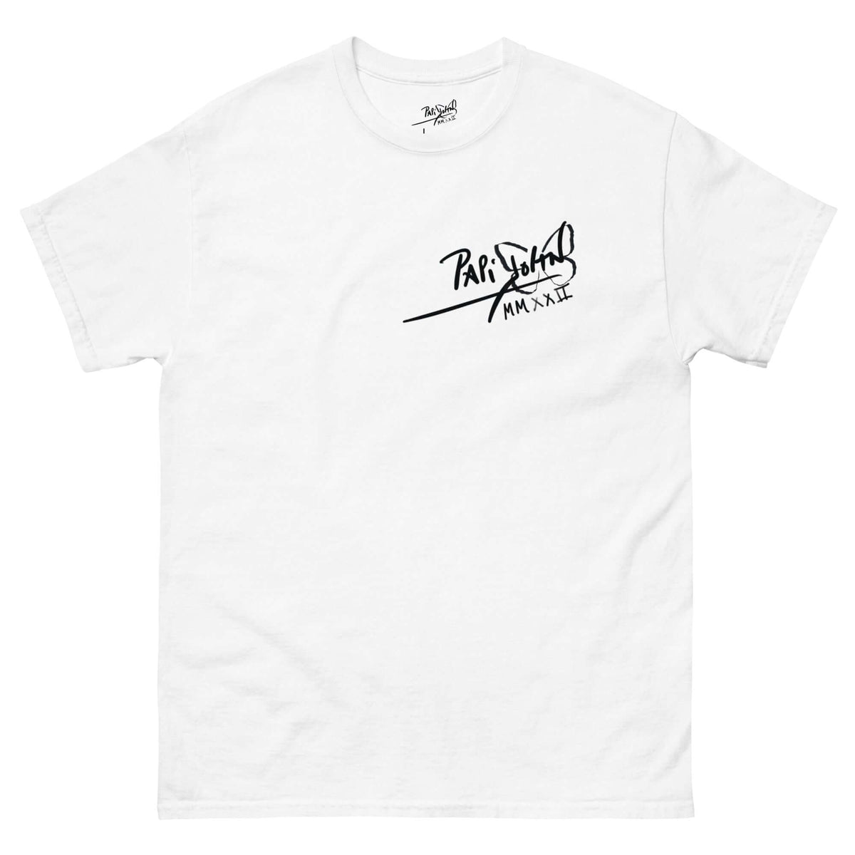 Front view of the THE RAPPER BACK-SHOT | Classic Identity Canvas White Tee by PapiJohn®. Featuring a small, hand-drawn PapiJohn® classic signature on the left chest in charcoal black on heavy premium white cotton canvas. Subtle branding and 'Honest Luxury' aesthetic. Gestado in Cadifornia. For the Real Ones.
