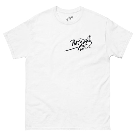 Front view of the THE RAPPER BACK-SHOT | Classic Identity Canvas White Tee by PapiJohn®. Featuring a small, hand-drawn PapiJohn® classic signature on the left chest in charcoal black on heavy premium white cotton canvas. Subtle branding and 'Honest Luxury' aesthetic. Gestado in Cadifornia. For the Real Ones.