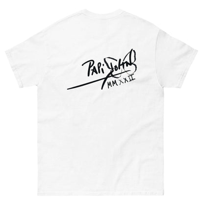 PapiJohn® 🏛️ Sala 5 | The Rapper Classic | Urban Tribute Canvas — Back view of the White Canvas Tee. Displaying the PapiJohn® classic icon signature logo positioned across the back shoulders by $arah Free 💎. Gallery archive piece, honest luxury apparel, and wearable art curated in Cadifornia.