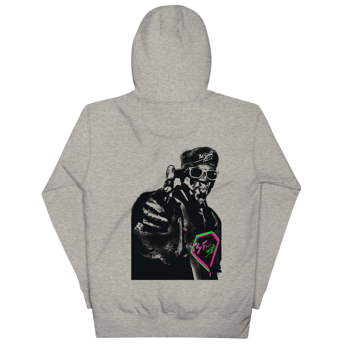 PapiJohn® 🏛️ Sala 5 | The Rapper Unbound | Premium Canvas — Back view showing the heavyweight cotton hoodie silhouette, double-lined hood structure, and architectural drape of the Carbon Grey Canvas Hoodie by $arah Free 💎. Gallery archive piece, honest luxury apparel, and wearable art curated in Cadifornia.