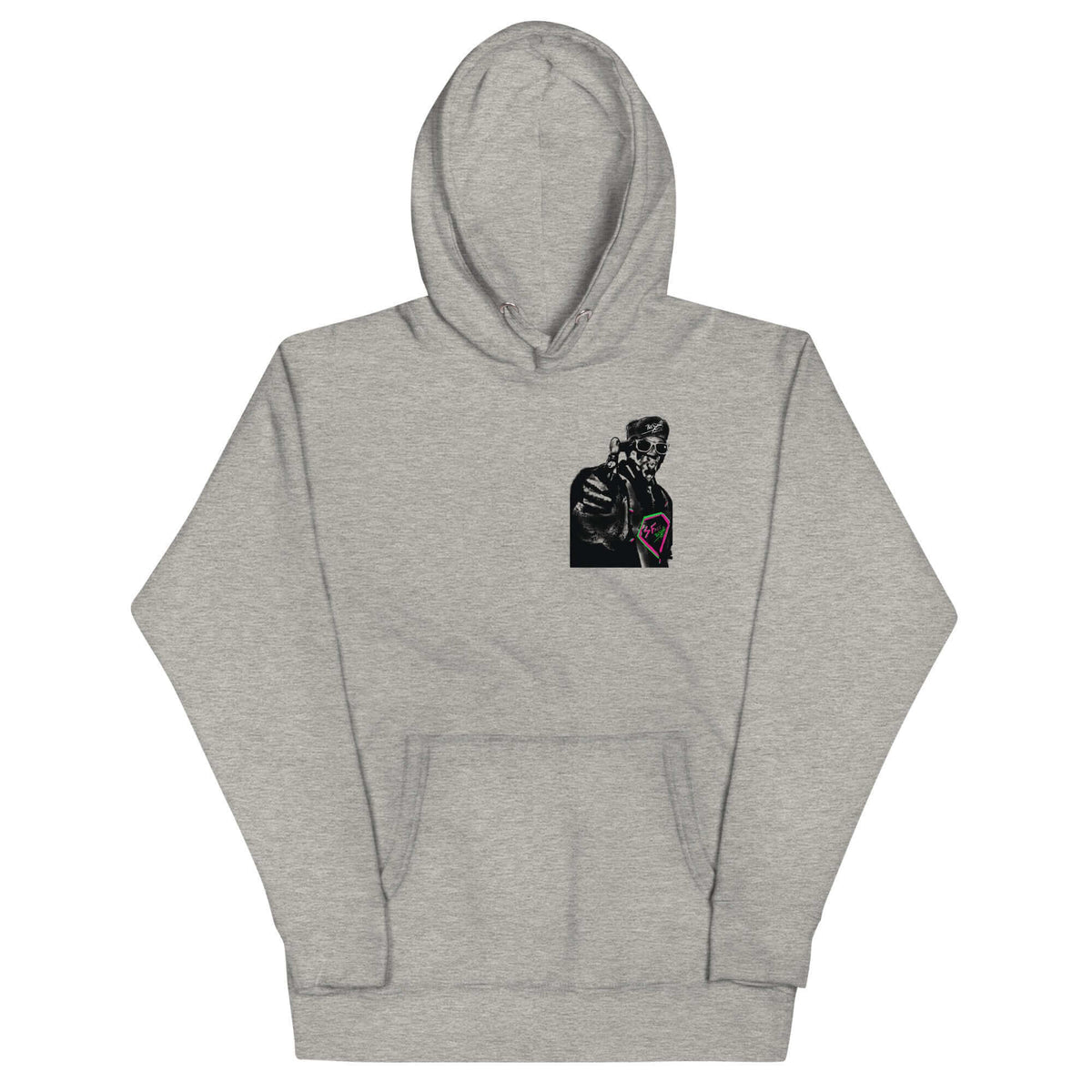 PapiJohn® 🏛️ Sala 5 | The Rapper Unbound | Premium Canvas — Front view of the Carbon Grey Canvas Hoodie. Featuring direct graffiti mural artwork of a rapper pointing forward, wearing a white signature cap and iconic diamond pendant chain on heavy carbon grey cotton hoodie canvas by $arah Free 💎. High-end conscious luxury streetwear de autor curated in Cadifornia.