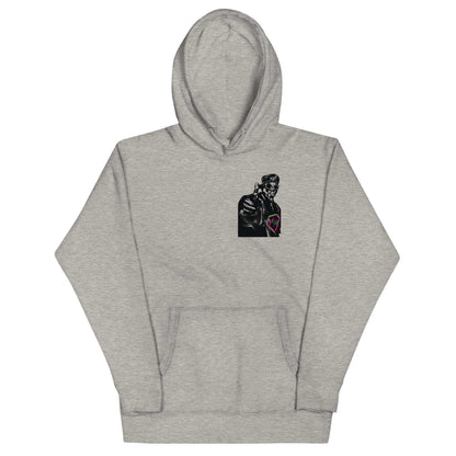 PapiJohn® 🏛️ Sala 5 | The Rapper Unbound | Premium Canvas — Front view of the Carbon Grey Canvas Hoodie. Featuring direct graffiti mural artwork of a rapper pointing forward, wearing a white signature cap and iconic diamond pendant chain on heavy carbon grey cotton hoodie canvas by $arah Free 💎. High-end conscious luxury streetwear de autor curated in Cadifornia.