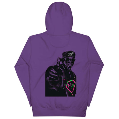 PapiJohn® 🏛️ Sala 5 | The Rapper Unbound | Premium Canvas — Back view showing the heavyweight cotton hoodie silhouette, double-lined hood structure, and architectural drape of the Purple Canvas Hoodie by $arah Free 💎. Gallery archive piece, honest luxury apparel, and wearable art curated in Cadifornia.