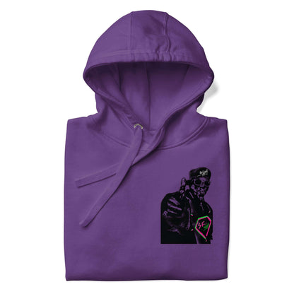 PapiJohn® 🏛️ Sala 5 | The Rapper Unbound | Premium Canvas — Folded front detail view of the Purple Canvas Hoodie. Displaying the double-lined hood structure, flat matching drawstrings, and left-chest graffiti artwork of the rapper wearing a signature cap and diamond pendant by $arah Free 💎 on heavy purple cotton canvas. High-end conscious luxury streetwear de autor curated in Cadifornia.