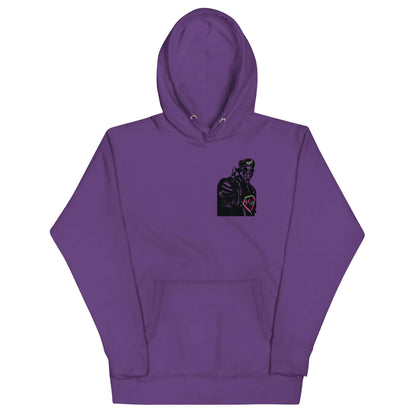 PapiJohn® 🏛️ Sala 5 | The Rapper Unbound | Premium Canvas — Front view of the Purple Canvas Hoodie. Featuring direct graffiti mural artwork of a rapper pointing forward, wearing a white signature cap and iconic diamond pendant chain on heavy purple cotton hoodie canvas by $arah Free 💎. High-end conscious luxury streetwear de autor curated in Cadifornia.