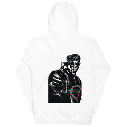 PapiJohn® 🏛️ Sala 5 | The Rapper Unbound | Premium Canvas — Back view showing the heavyweight cotton hoodie silhouette, double-lined hood structure, and architectural drape of the White Canvas Hoodie by $arah Free 💎. Gallery archive piece, honest luxury apparel, and wearable art curated in Cadifornia.