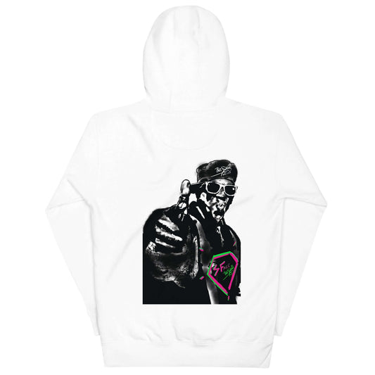 PapiJohn® 🏛️ Sala 5 | The Rapper Unbound | Premium Canvas — Back view showing the heavyweight cotton hoodie silhouette, double-lined hood structure, and architectural drape of the White Canvas Hoodie by $arah Free 💎. Gallery archive piece, honest luxury apparel, and wearable art curated in Cadifornia.