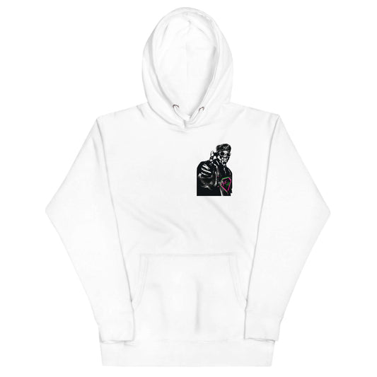 PapiJohn® 🏛️ Sala 5 | The Rapper Unbound | Premium Canvas — Front view of the White Canvas Hoodie. Featuring direct graffiti mural artwork of a rapper pointing forward, wearing a white signature cap and iconic diamond pendant chain on heavy white cotton hoodie canvas by $arah Free 💎. High-end conscious luxury streetwear de autor curated in Cadifornia.