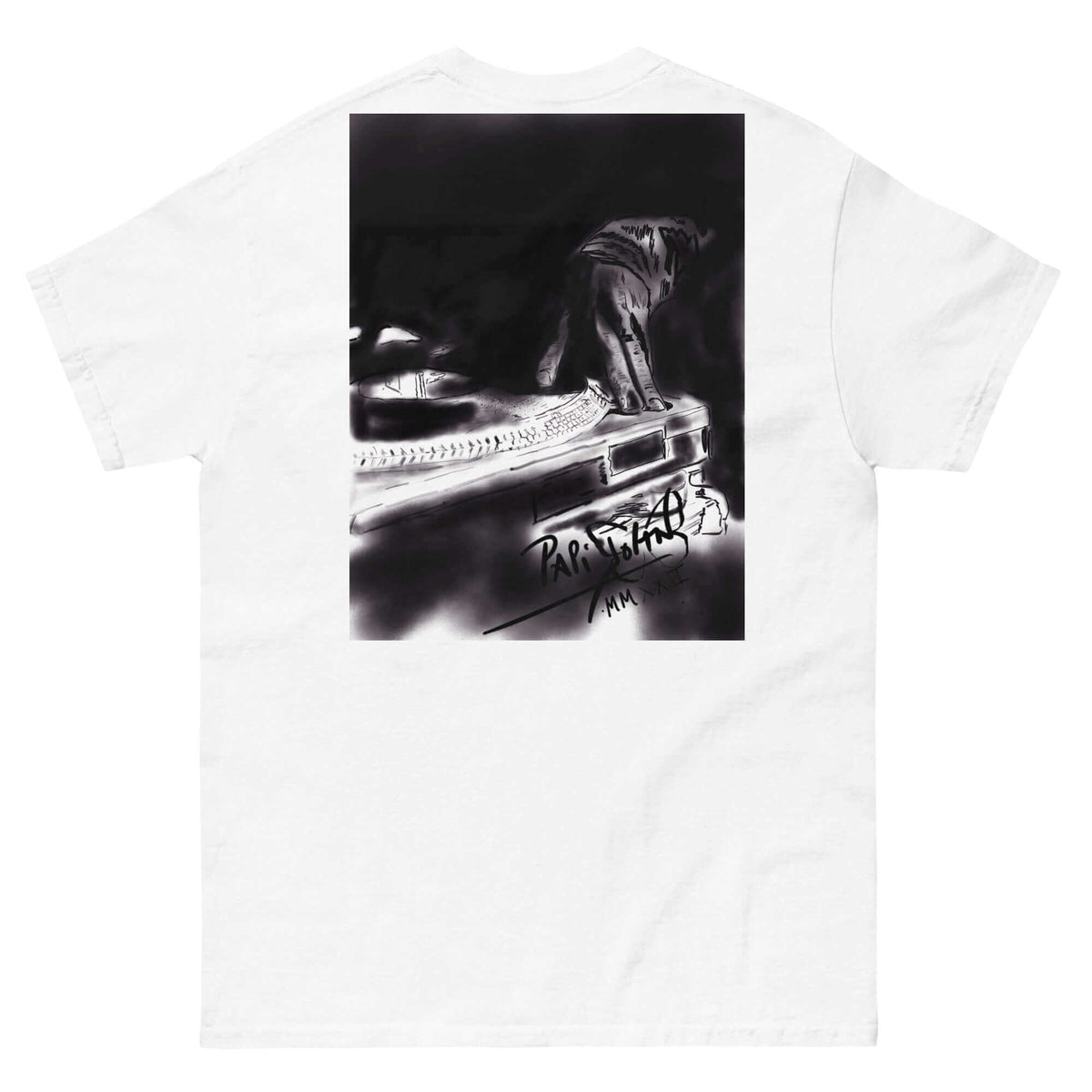 PapiJohn® 🏛️ Sala 5 | The Raw DJ | Monochrome Origin Canvas — Back view highlighting the premium heavyweight cotton drape and flawless structural fit of the White Canvas by $arah Free 💎. Honest luxury apparel and raw underground hip hop culture gestated in Cadifornia.