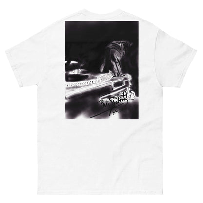 PapiJohn® 🏛️ Sala 5 | The Raw DJ | Monochrome Origin Canvas — Back view highlighting the premium heavyweight cotton drape and flawless structural fit of the White Canvas by $arah Free 💎. Honest luxury apparel and raw underground hip hop culture gestated in Cadifornia.