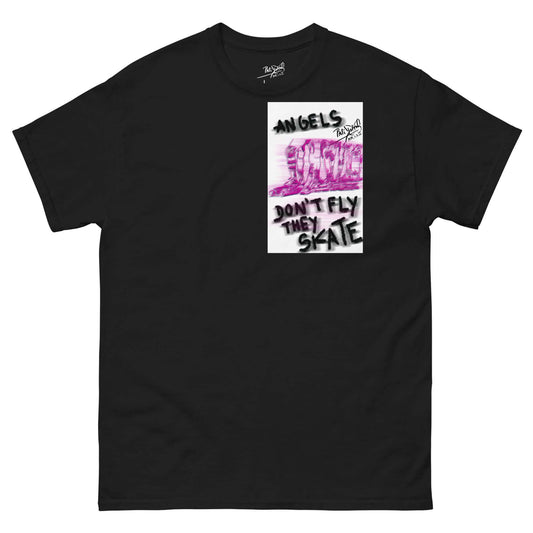 Front view of the SALA 5 | The Skate Angels | Art-Sketch Canvas Tee in black by PapiJohn®. Featuring hand-drawn sketch artwork of skating angels with muted pink tones, handwritten tag 'ANGELS', and 'DON’T FLY THEY SKATE' on heavy black cotton canvas by $arah Free 💎. High-end luxury streetwear de autor curated in Cadifornia.