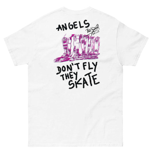 Back view showing the structured premium cotton t-shirt silhouette and clean architectural drape of the SALA 5 | The Skate Angels | Art-Sketch Canvas Tee in white by PapiJohn®. Gallery archive piece, honest luxury apparel, and wearable art curated in Cadifornia by $arah Free 💎.