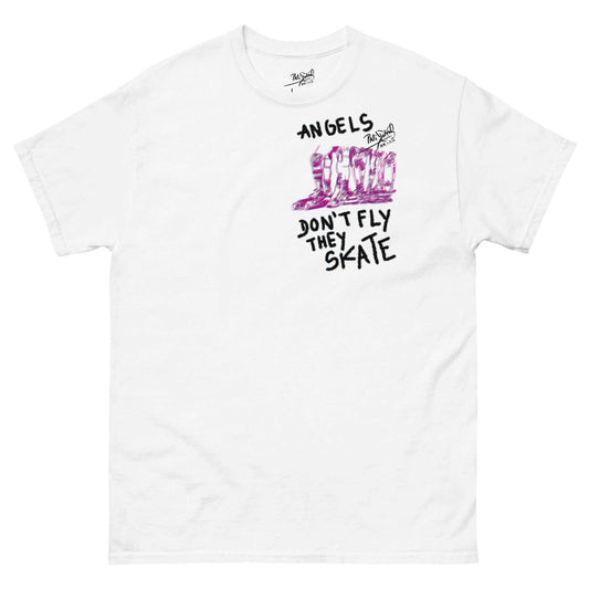 Front view of the SALA 5 | The Skate Angels | Art-Sketch Canvas Tee in white by PapiJohn®. Featuring hand-drawn sketch artwork of skating angels with muted pink tones, handwritten tag 'ANGELS', and 'DON’T FLY THEY SKATE' on heavy white cotton canvas by $arah Free 💎. High-end luxury streetwear de autor curated in Cadifornia.