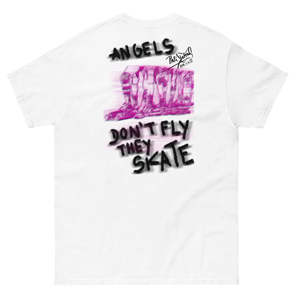 Back view showing the clean structural drop, refined seams, cotton fabric texture of the white SALA 5 | The Skate Angels | Clean Lines Canvas Tee by PapiJohn®. Features a subtle PapiJohn® signature icon on the upper back near the collar. Gallery archive piece, honest luxury apparel, and wearable art curated in Cadifornia by $arah Free 💎.*This generation perfectly captures the minimalist, conceptual streetwear de autor vibe of "The Skate Angels | Clean Lines Canvas." The vector art "Honest Luxury" manifesto