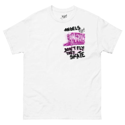 Front view of the SALA 5 | The Skate Angels | Clean Lines Canvas Tee in white by PapiJohn®. Featuring minimalist black vector line art of skating angels in diagonal progression performing tricks on premium cotton white canvas by $arah Free 💎. The text 'LOS ÁNGELES NO VUELAN, PATINAN.' and '$arah Free 💎 SALA 5 | THE SKATE ANGELS | CLEAN LINES CANVAS' is integrated into the design. High-end conscious luxury streetwear de autor curated in Cadifornia.