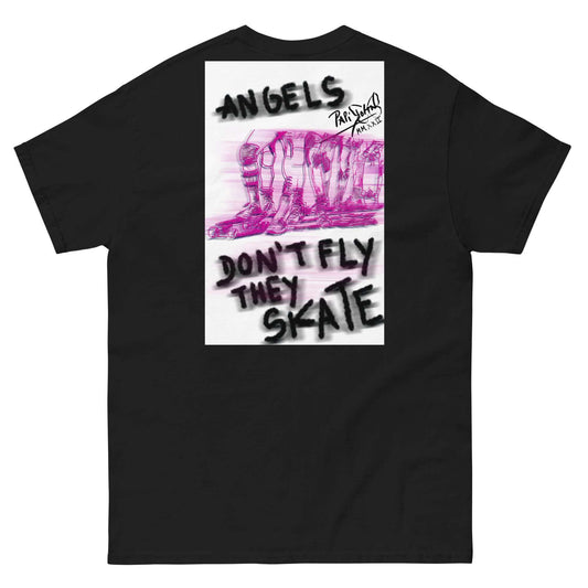 Back view showing the structured premium cotton t-shirt silhouette and clean architectural drape of the SALA 5 | The Skate Angels | Art-Sketch Canvas Tee in black by PapiJohn®. Gallery archive piece, honest luxury apparel, and wearable art curated in Cadifornia by $arah Free 💎.