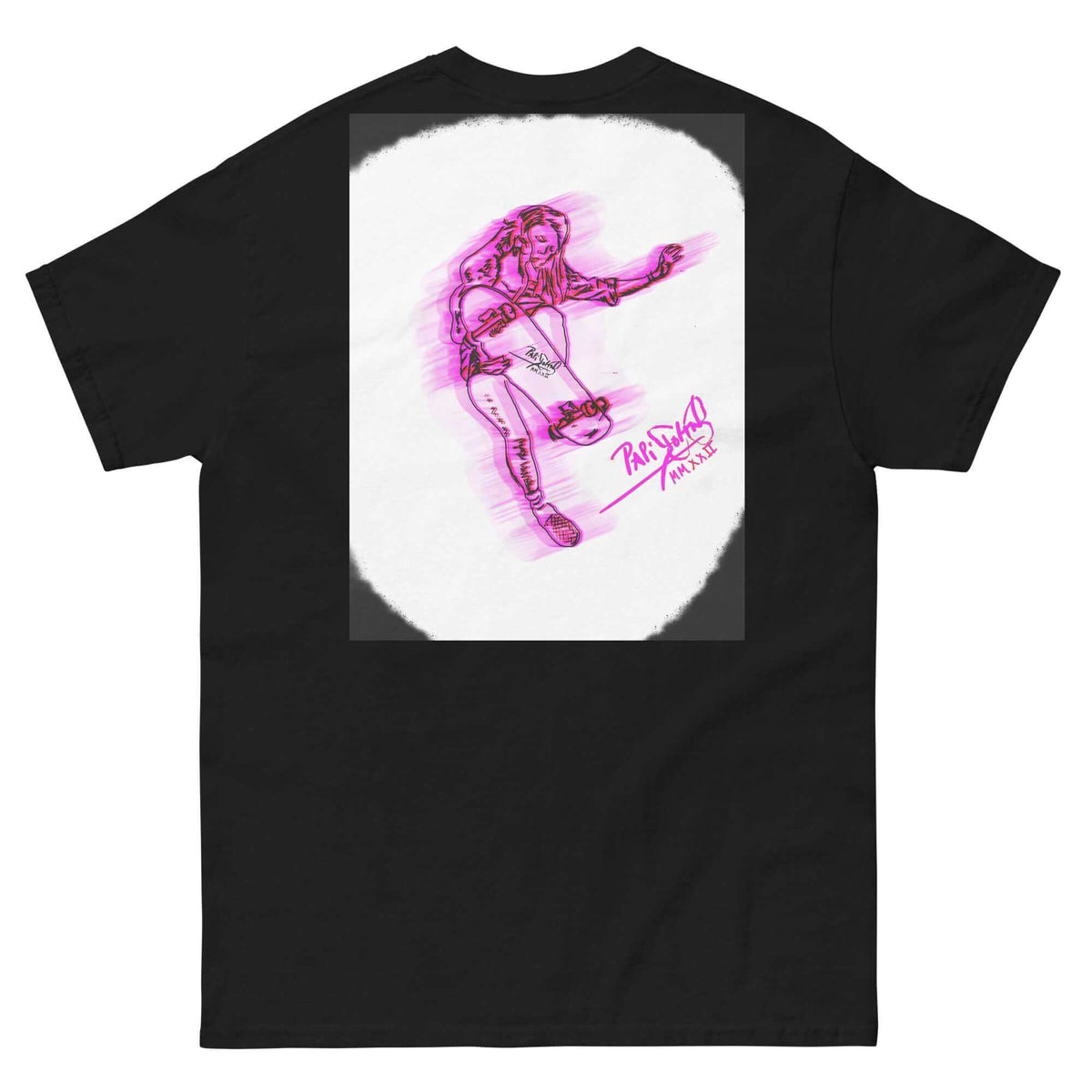 PapiJohn® 🏛️ SALA 5 | THE SKATE GIRL | COMIC FOCUS CANVAS — Back view showing the high-density cotton t-shirt silhouette and clean architectural drape of the Black Canvas Tee by $arah Free 💎. Gallery archive piece, honest luxury apparel, and wearable art curated in Cadifornia.