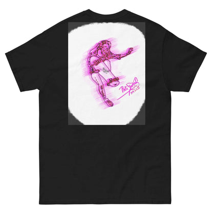 PapiJohn® 🏛️ SALA 5 | THE SKATE GIRL | COMIC FOCUS CANVAS — Back view showing the high-density cotton t-shirt silhouette and clean architectural drape of the Black Canvas Tee by $arah Free 💎. Gallery archive piece, honest luxury apparel, and wearable art curated in Cadifornia.
