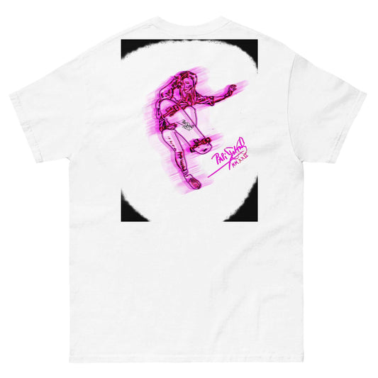 PapiJohn® 🏛️ SALA 5 | THE SKATE GIRL | COMIC FOCUS CANVAS — Back view showing the high-density cotton t-shirt silhouette and clean architectural drape of the White Canvas Tee by $arah Free 💎. Gallery archive piece, honest luxury apparel, and wearable art curated in Cadifornia.