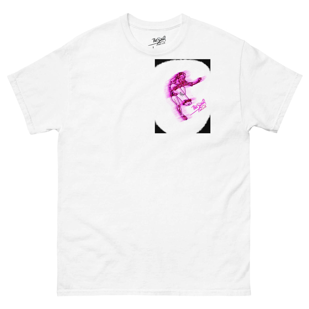 PapiJohn® 🏛️ SALA 5 | THE SKATE GIRL | COMIC FOCUS CANVAS — Front view of the White Canvas Tee. Featuring hand-drawn deep black graffiti comic-frame skater artwork on heavy white cotton canvas by $arah Free 💎. High-end luxury streetwear de autor curated in Cadifornia.