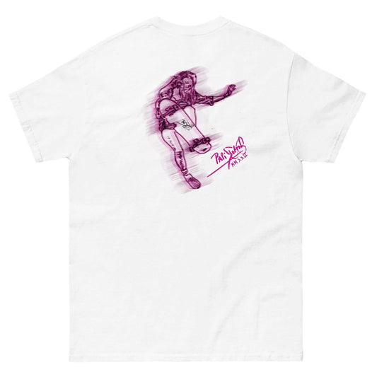 Back view showing the high-density cotton t-shirt silhouette and architectural drape of the SALA 5 | The Skate Girl | Dynamic Pink Canvas Tee in white by PapiJohn®. Gallery archive piece, honest luxury apparel, and wearable art curated in Cadifornia by $arah Free 💎.
