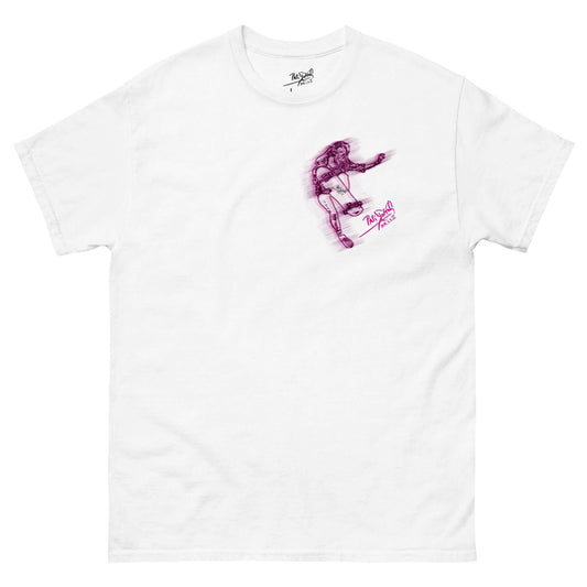 Front view of the SALA 5 | The Skate Girl | Dynamic Pink Canvas Tee in white by PapiJohn®. Featuring under-the-deck perspective aerial skater artwork with running ink in magnetic pink and deep purple on heavy white cotton canvas by $arah Free 💎. High-end luxury streetwear de autor curated in Cadifornia.