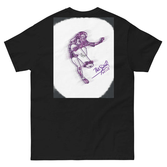 PapiJohn® 🏛️ SALA 5 | THE SKATE GIRL | PURPLE MONOCHROME CANVAS — Back view showing the high-density cotton t-shirt silhouette and clean architectural drape of the Black Canvas Tee by $arah Free 💎. Gallery archive piece, honest luxury apparel, and wearable art curated in Cadifornia.