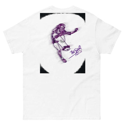 PapiJohn® 🏛️ SALA 5 | THE SKATE GIRL | PURPLE MONOCHROME CANVAS — Back view showing the high-density cotton t-shirt silhouette and clean architectural drape of the White Canvas Tee by $arah Free 💎. Gallery archive piece, honest luxury apparel, and wearable art curated in Cadifornia.
