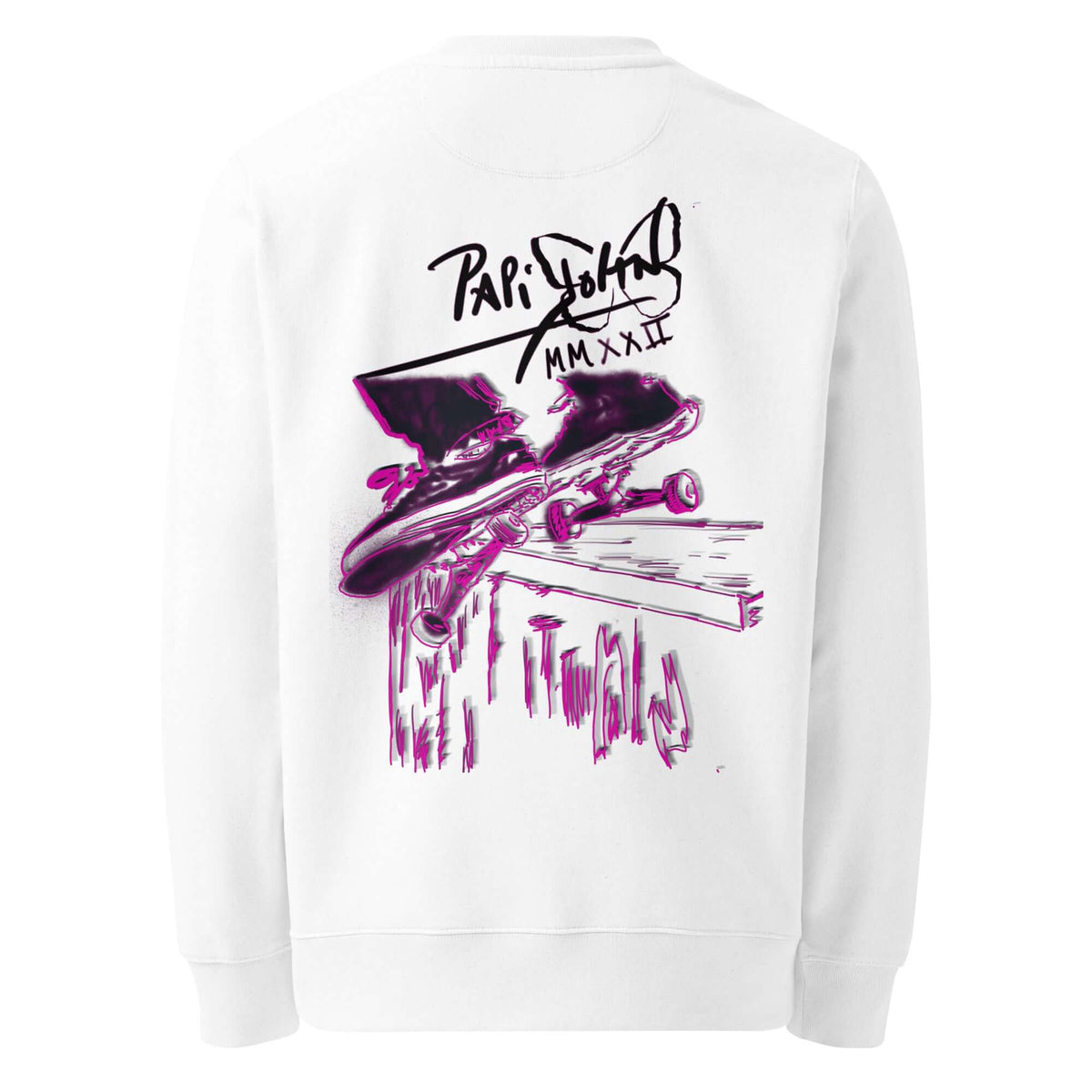 Back view showing the dynamic skate grind action artwork with neon fuchsia-purple contours on the SALA 5 | The Skate Grind eco crew canvas by PapiJohn®. Heavyweight organic cotton canvas, gallery archive piece, and honest luxury streetwear curated in Cadifornia by $arah Free 💎. showcasing the vibrant fuchsia-purple gradient skate grind artwork  | High-End skate  | Papijohn Archive