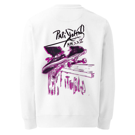 Back view showing the dynamic skate grind action artwork with neon fuchsia-purple contours on the SALA 5 | The Skate Grind eco crew canvas by PapiJohn®. Heavyweight organic cotton canvas, gallery archive piece, and honest luxury streetwear curated in Cadifornia by $arah Free 💎. showcasing the vibrant fuchsia-purple gradient skate grind artwork  | High-End skate  | Papijohn Archive