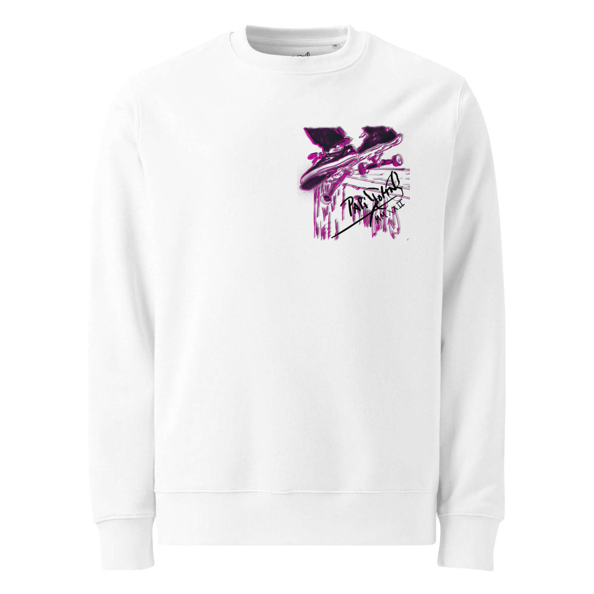 Front view of the SALA 5 | The Skate Grind eco crew canvas by PapiJohn®. Featuring clean vector skate grind artwork with fuchsia-purple contours and signature base rail detail on organic canvas by $arah Free 💎. High-end streetwear and luxury streetwear de autor curated in Cadifornia| Premium Street-Couture for global collectors | Papijohn® Archive