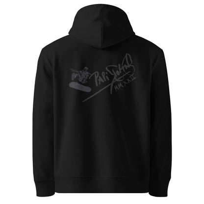 Back view showing the heavy 350 GSM organic cotton hoodie silhouette, relaxed hood, and architectural drop of the SALA 5 | The Skate Ollie Eco Hoodie in black by PapiJohn®. Gallery archive piece, honest luxury eco apparel, and wearable art curated in Cadifornia by $arah Free 