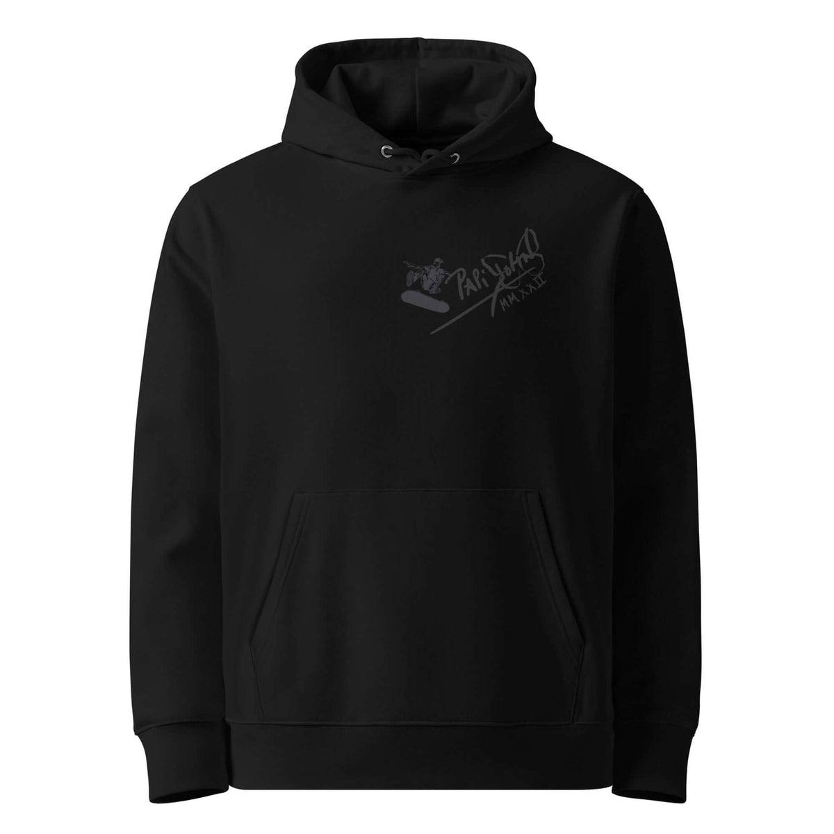 Front view of the SALA 5 | The Skate Ollie luxury streetwear piece | Heavyweight Eco Canvas Hoodie in black by PapiJohn®. Featuring a skate ollie graphic artwork over the signature V-matrix logo on heavy organic black canvas by $arah Free 💎. High-end conscious luxury streetwear de autor curated in Cadifornia. Premium Street-Couture for global collectors | Papijohn® Archive