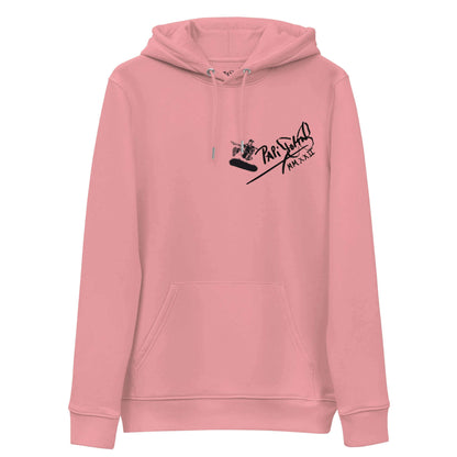 Front view of the SALA 5 | The Skate Ollie | Heavyweight Eco Canvas Hoodie in canyon pink by PapiJohn®. Featuring a skate ollie graphic artwork over the signature V-matrix logo on heavy organic canyon pink canvas by $arah Free 💎. High-end conscious luxury streetwear de autor curated in Cadifornia.