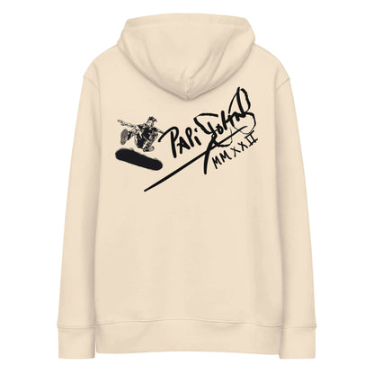 Back view showing the heavy organic cotton hoodie silhouette, relaxed hood, and architectural drop of the SALA 5 | The Skate Ollie Eco Hoodie in desert dust by PapiJohn®. Gallery archive piece, honest luxury eco hoodie, and wearable art curated in Cadifornia by $arah Free 💎  featuring the raw manual stroke skater executing an ollie over the historical V logo artwork | High-End skate design | Papijohn® Archive